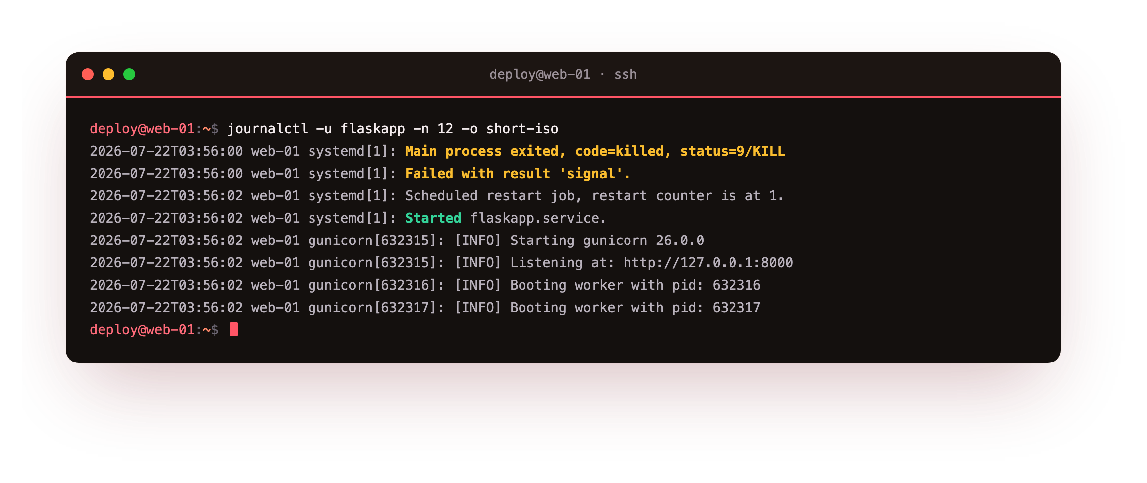 journalctl showing the process killed with signal 9, the failure, the scheduled restart with the counter at one, and gunicorn started again with fresh workers