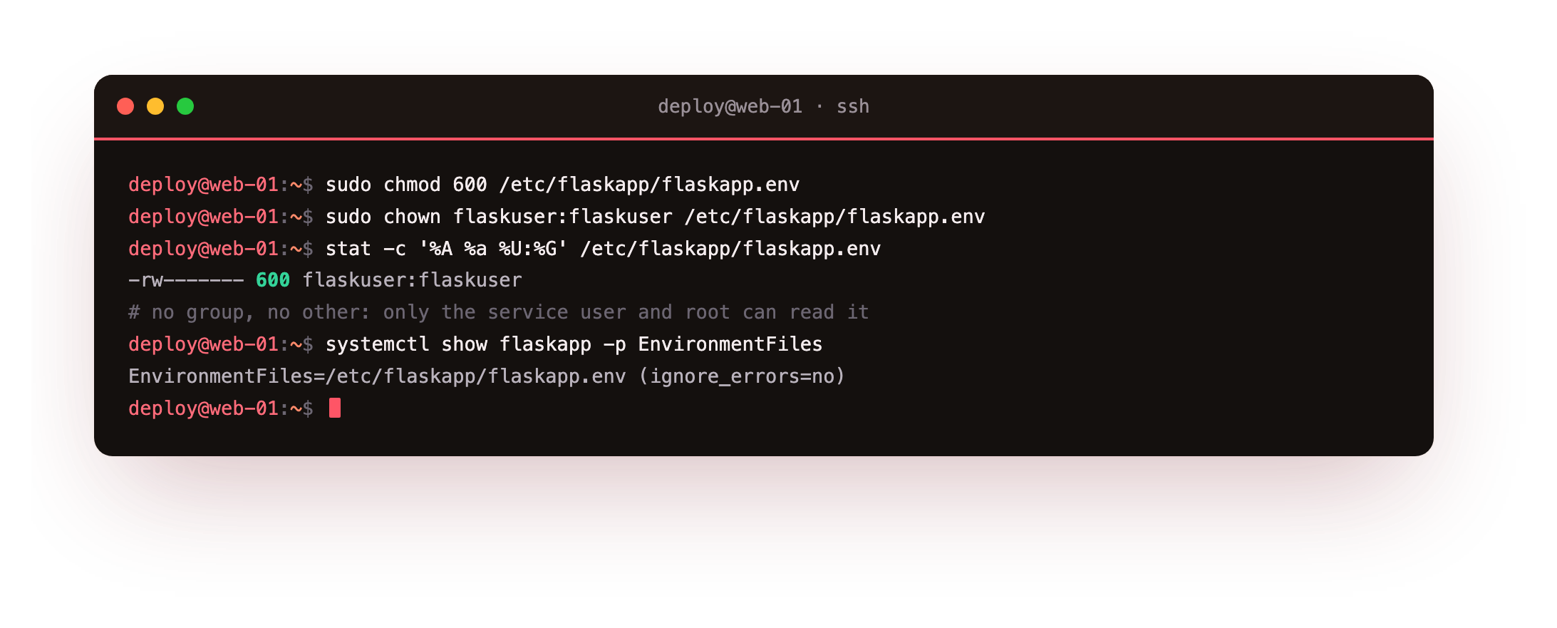 stat showing the environment file at mode 600 owned by the service user, and systemd confirming it loaded the EnvironmentFile