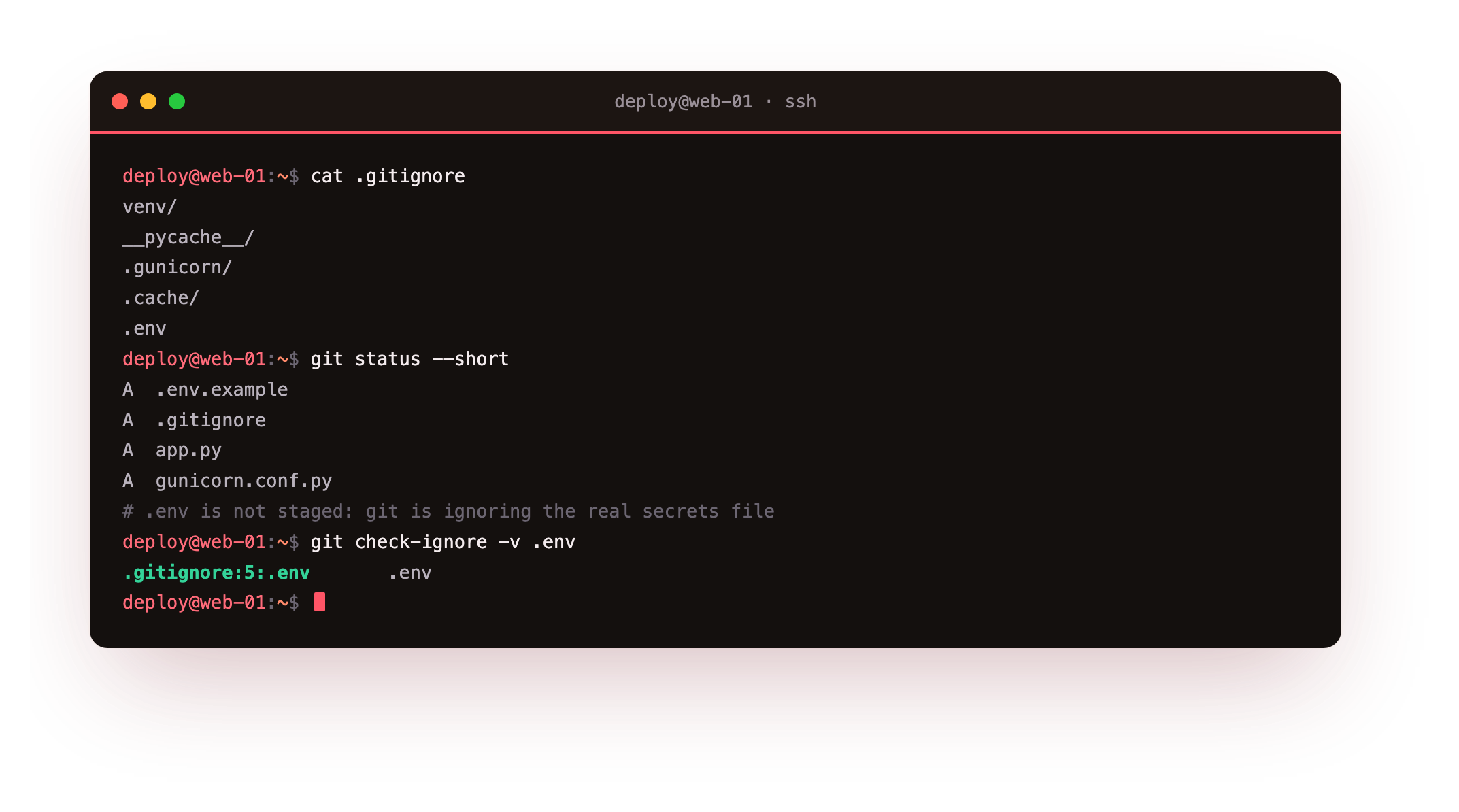git status listing the example file and gitignore as staged while the real env file is absent, and git check-ignore printing the rule that excludes it