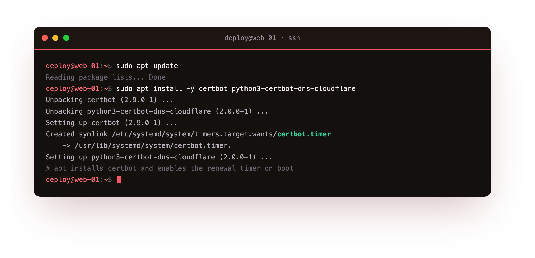 apt installing certbot and the python3-certbot-dns-cloudflare plugin on a bare Ubuntu 24.04 slice, unpacking both packages and creating the systemd symlink that enables certbot.timer on boot, the from-zero first step most TLS guides skip