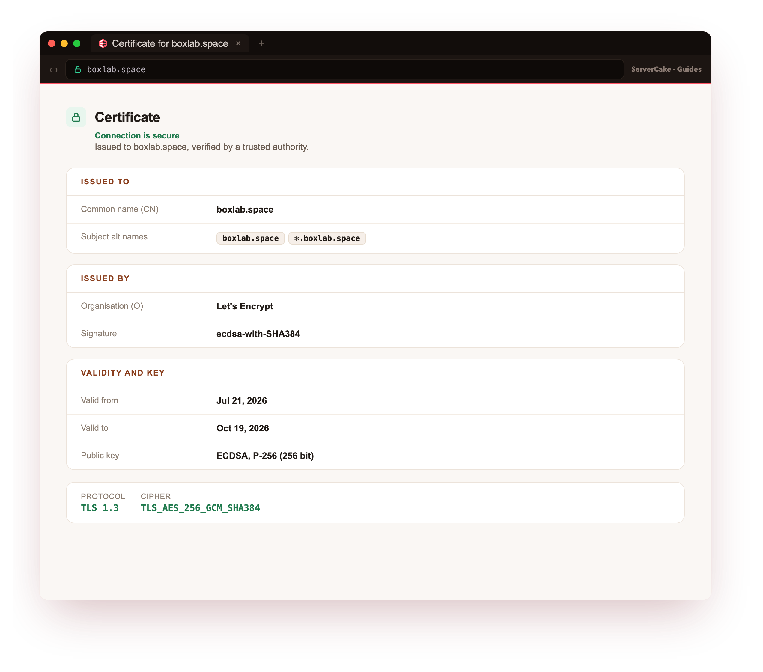 The boxlab.space certificate shown in a browser certificate viewer: issued by Let's Encrypt, a wildcard SAN and a valid-to date