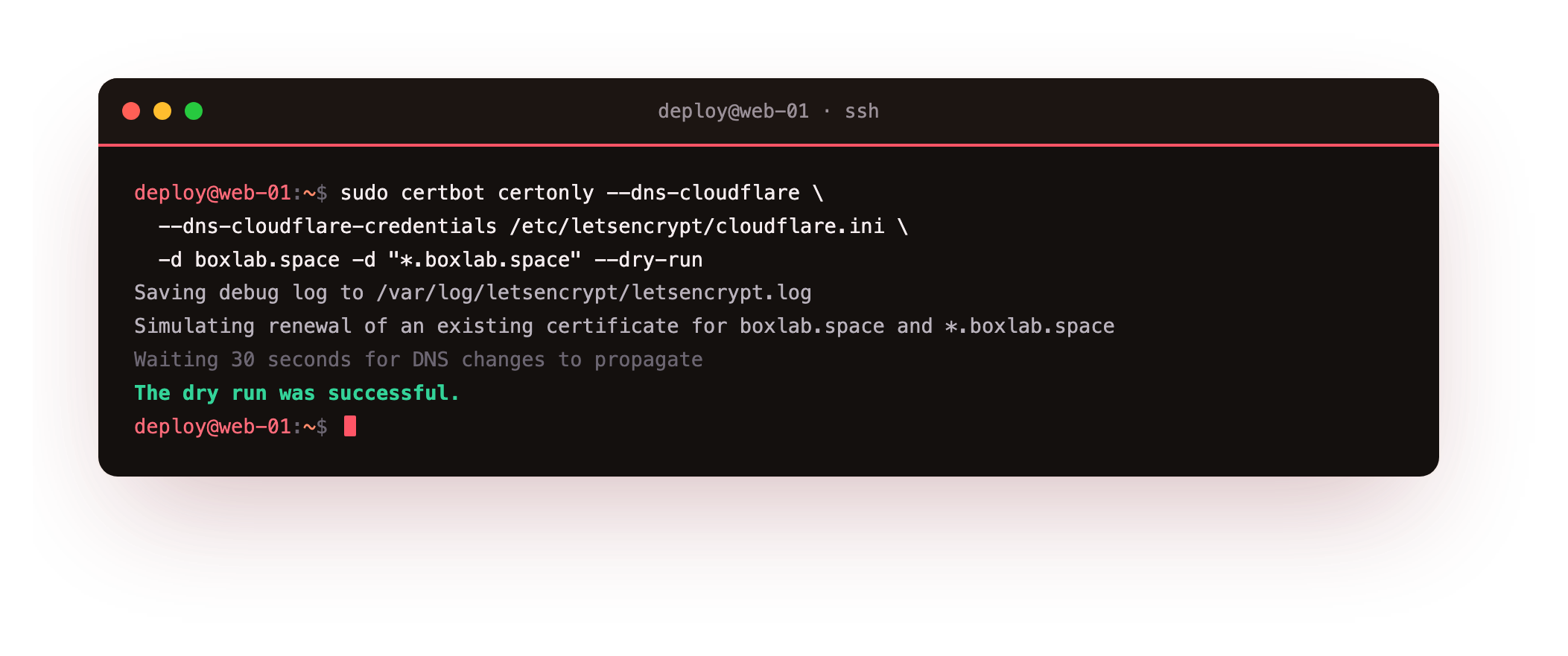 certbot issuing a wildcard via the DNS-01 Cloudflare challenge in dry-run mode, ending with The dry run was successful