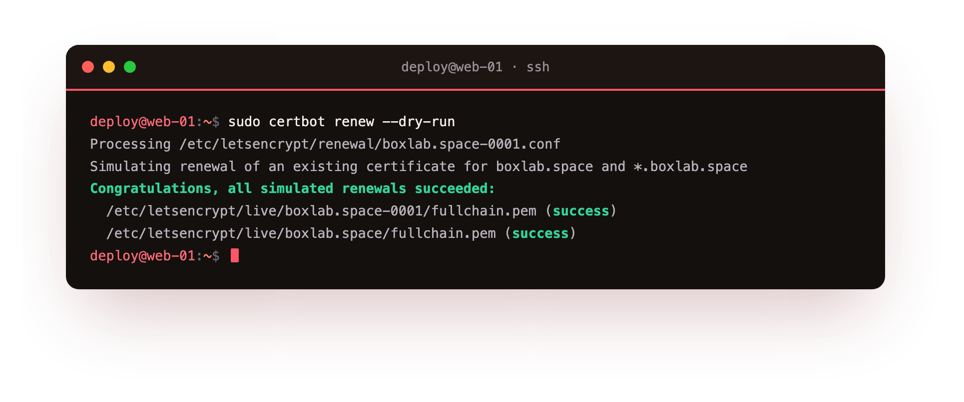 certbot renew --dry-run simulating renewal of both certificates and reporting all simulated renewals succeeded