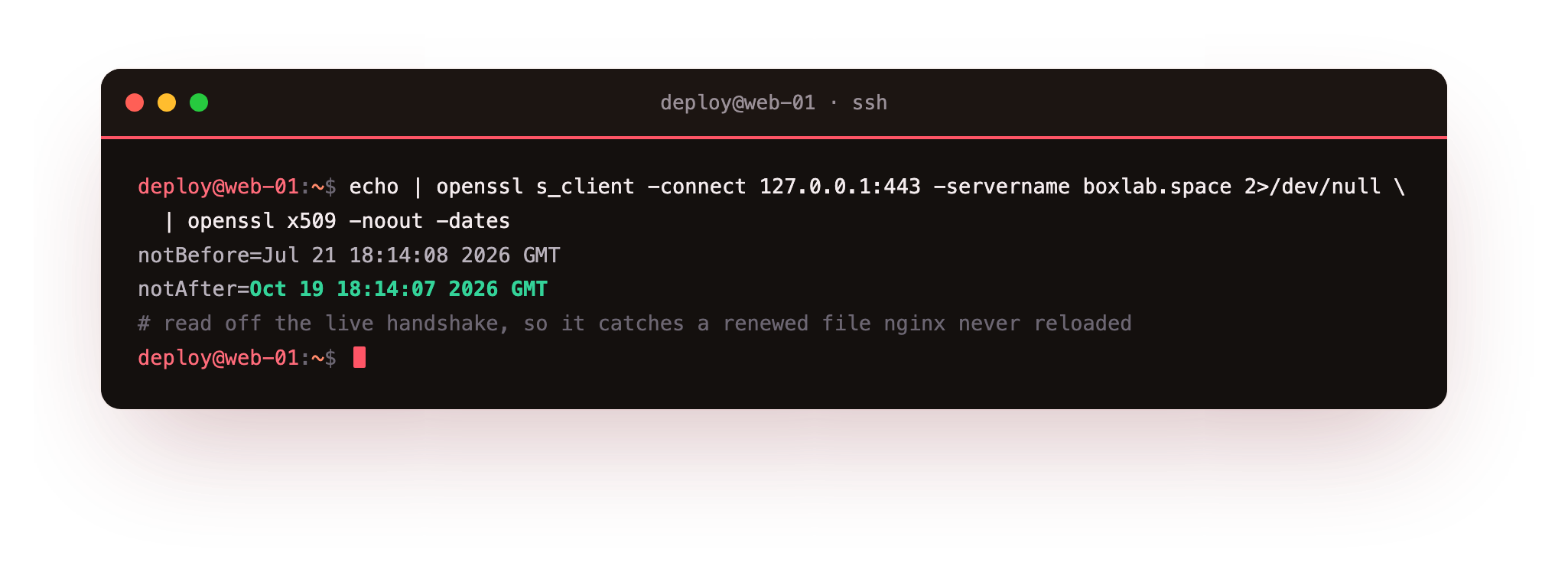 openssl reading notBefore and notAfter off the live boxlab.space handshake to check certificate expiry