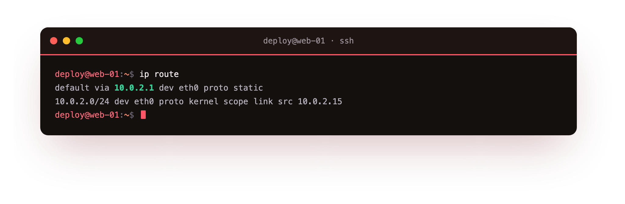 ip route shows the default gateway that traffic leaves through and the local subnet