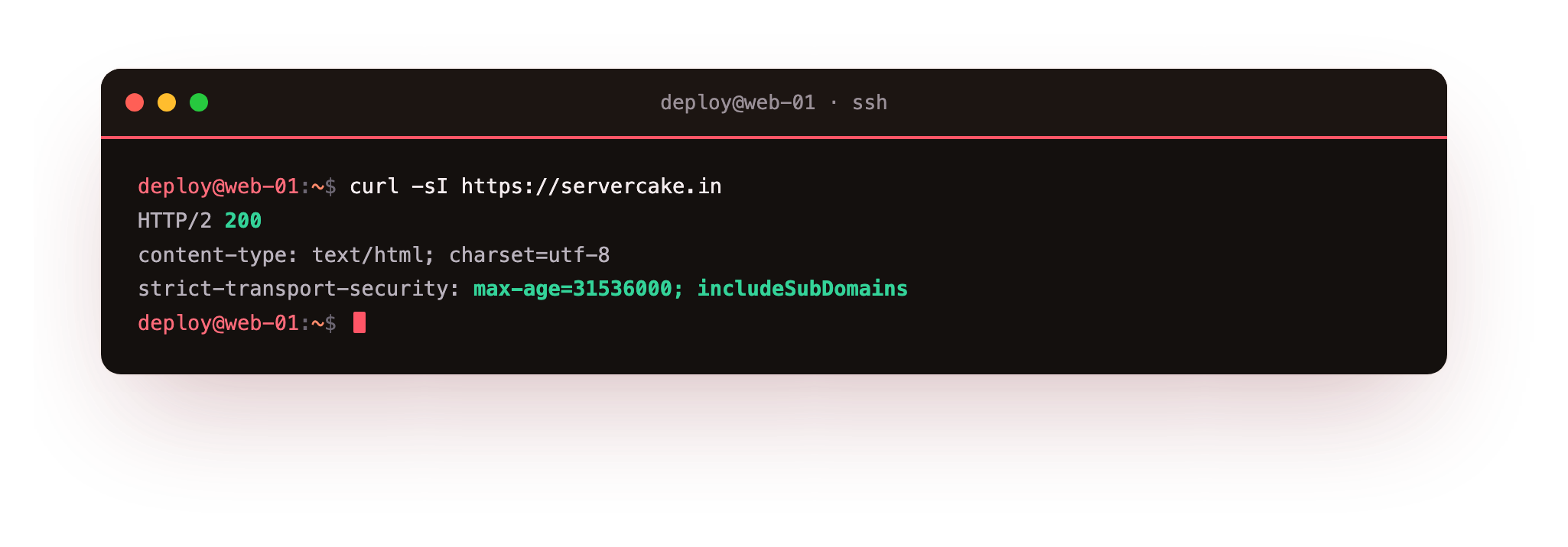 curl -sI fetches just the response headers, showing the status code and security headers