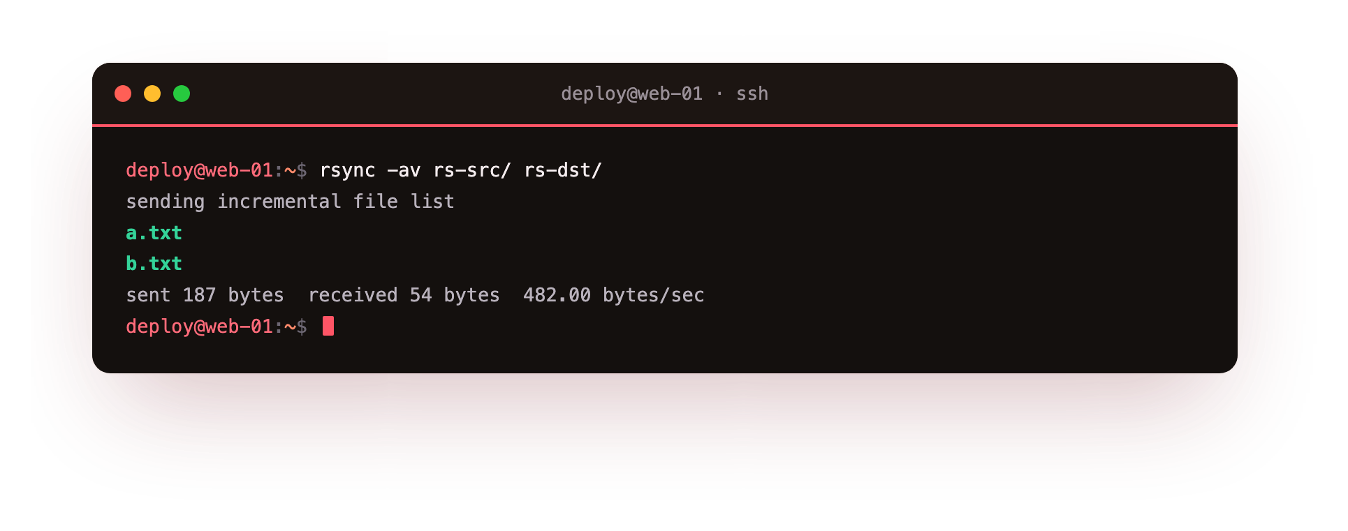 rsync copies only the files that changed and reports exactly what it sent