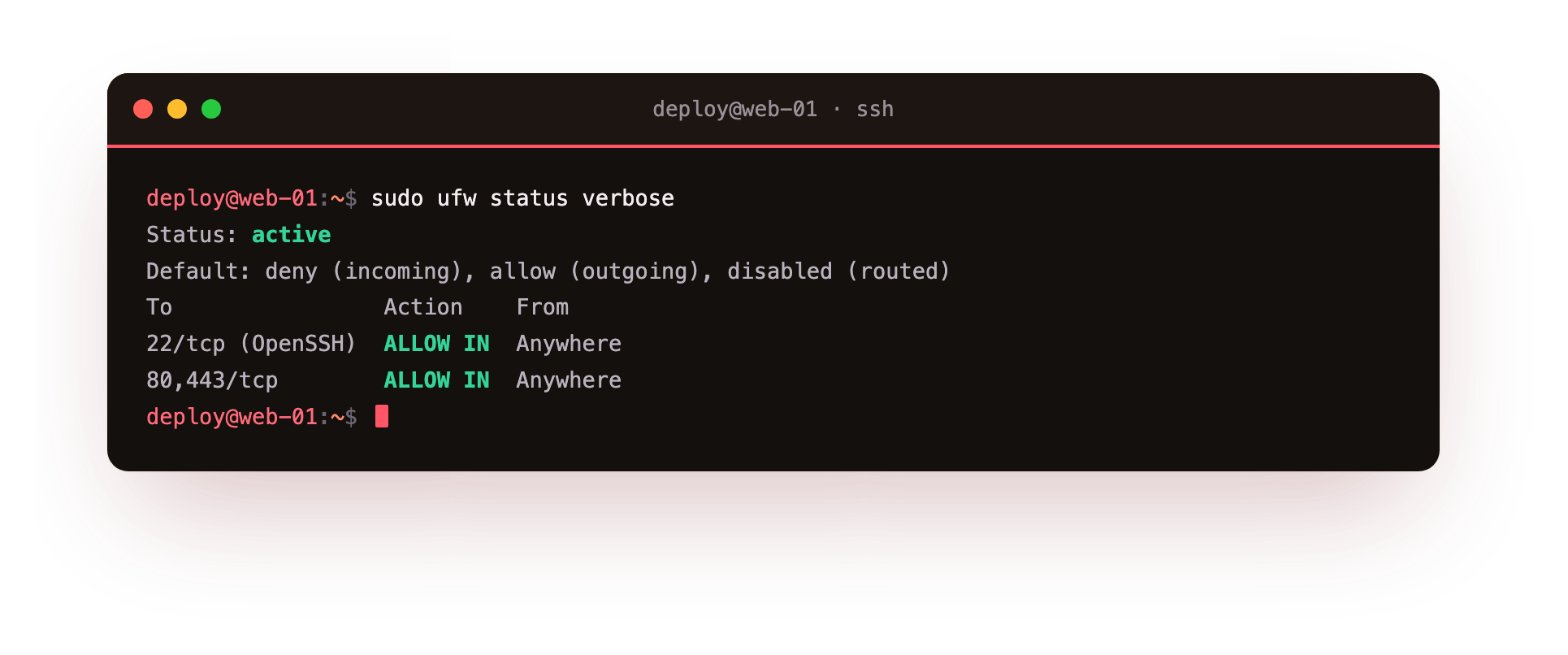 ufw status shows the firewall is active, defaults to deny incoming, and allows only SSH and web ports