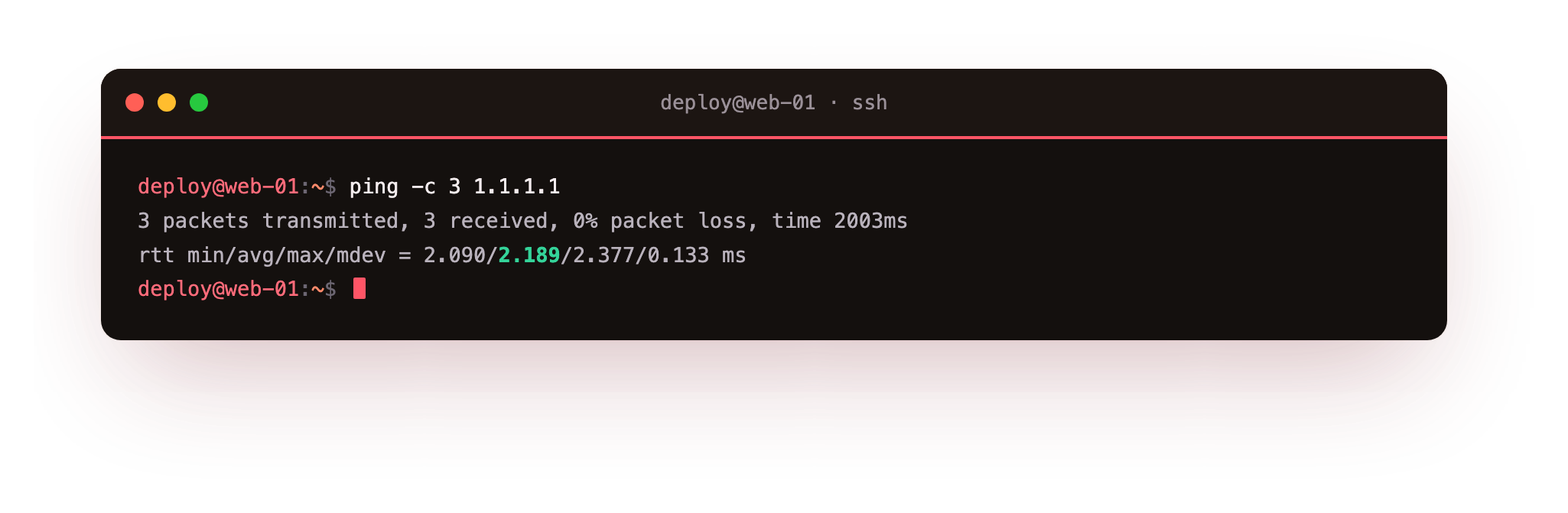 ping sends three packets and reports the round-trip time and any loss