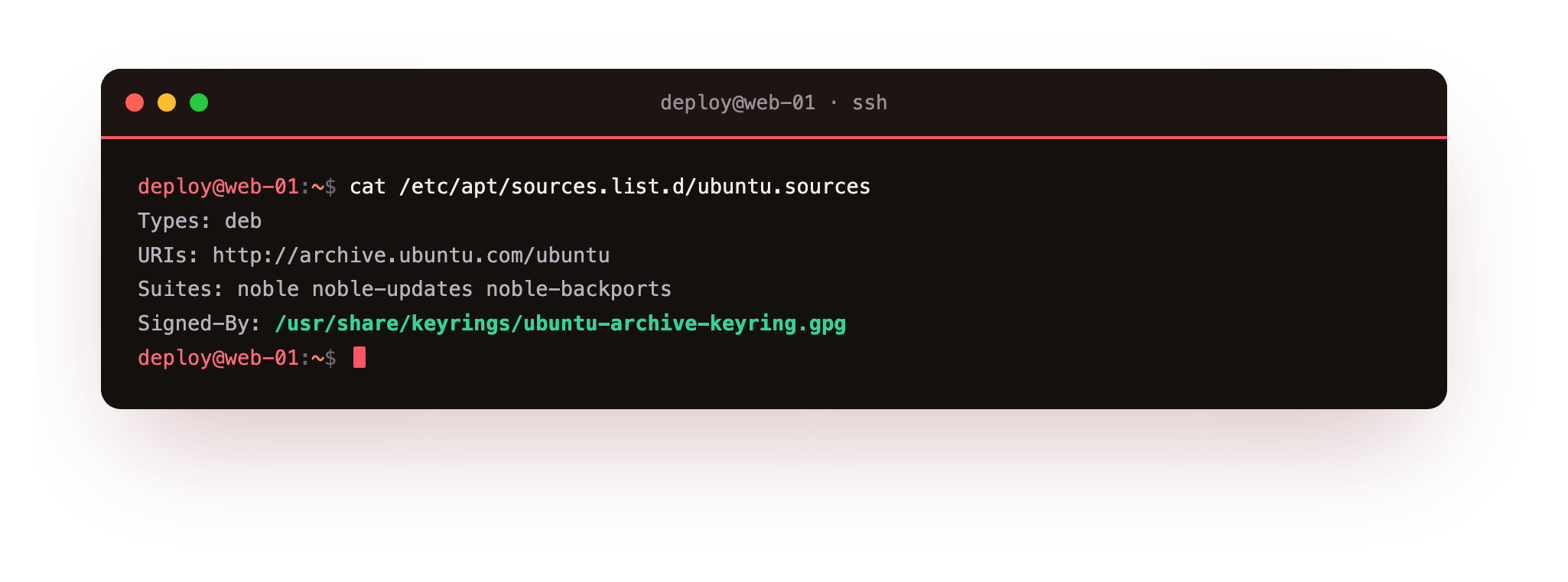 The deb822 sources file lists the repository URI, the suites, and the Signed-By key that verifies it