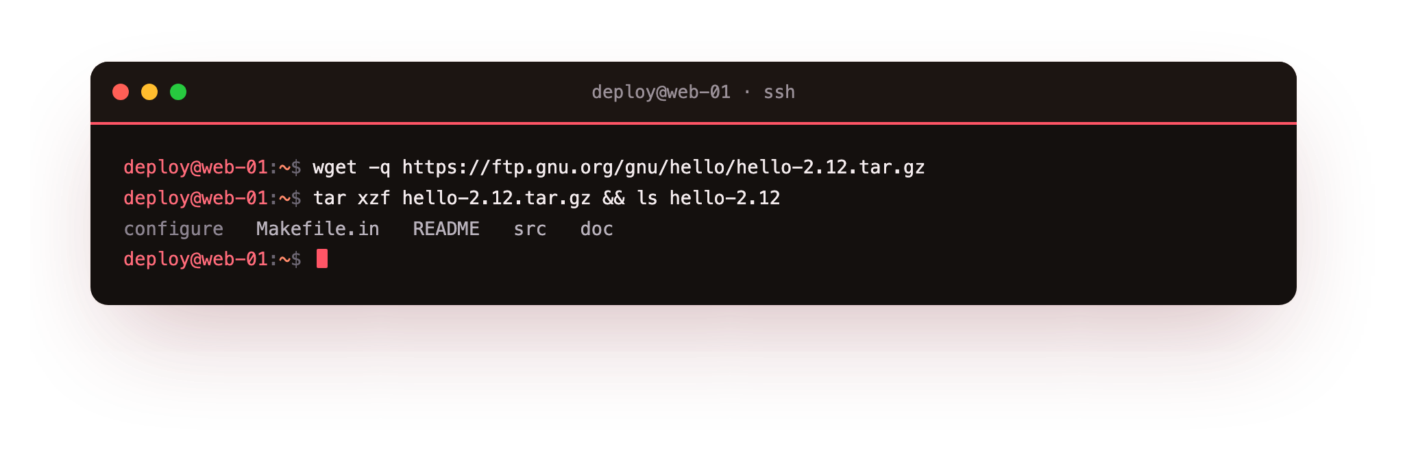 Extracting the source shows the configure script and Makefile.in that drive the build