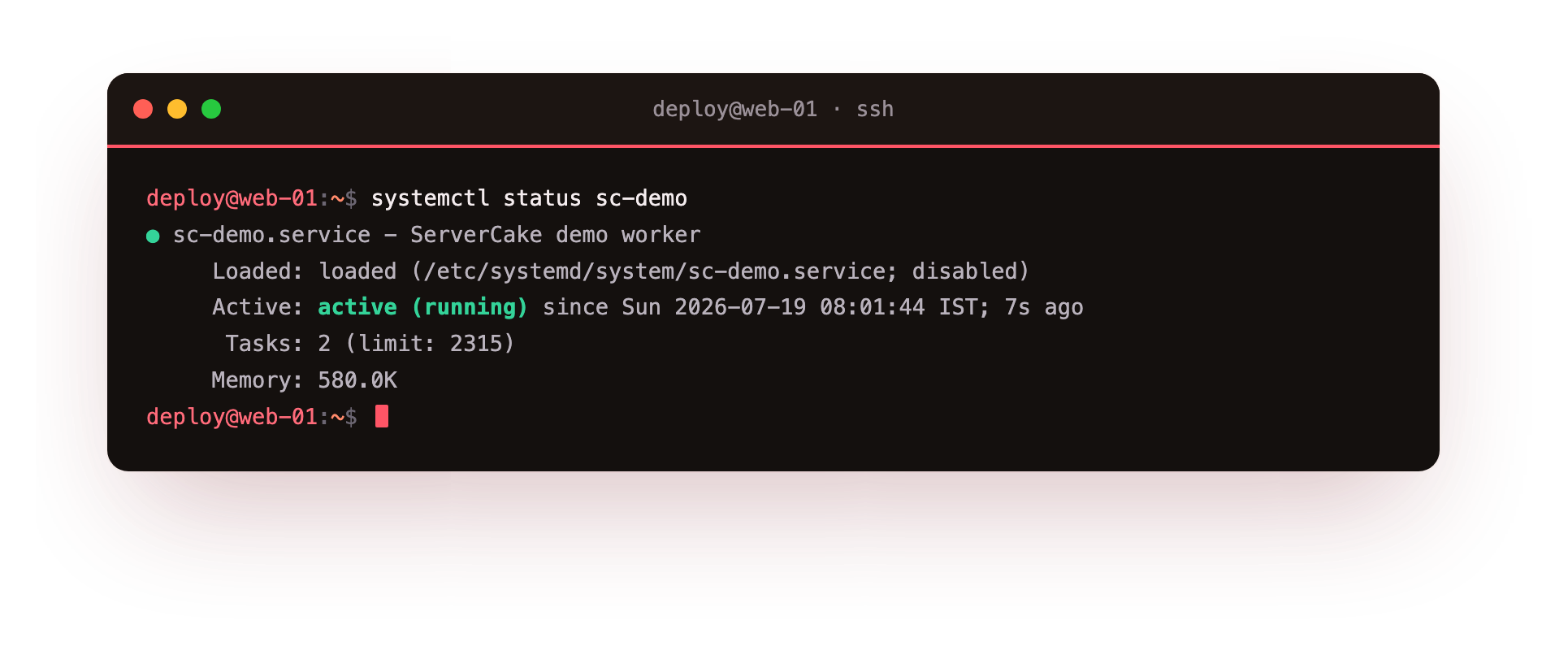 systemctl status shows the service is loaded, active and running, with its recent log line