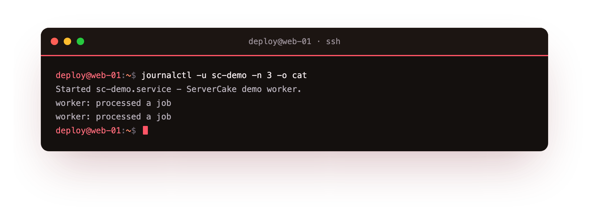 journalctl -u limits the output to one service, showing its start message and worker lines