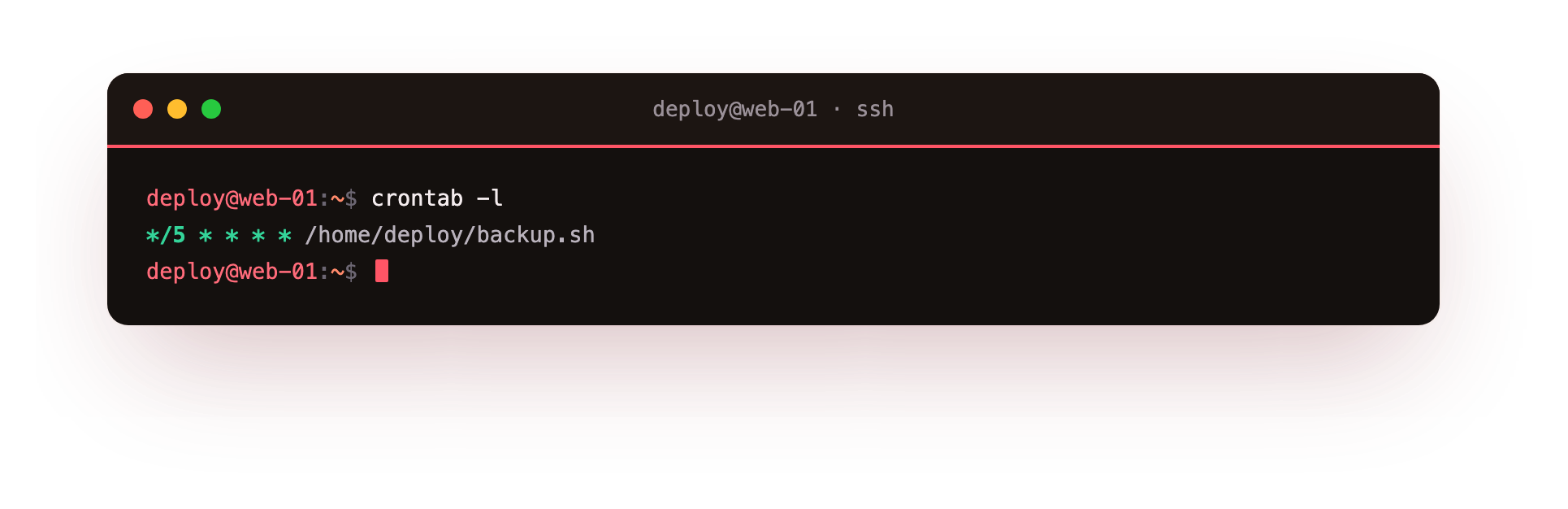 crontab -l shows the scheduled entry: five time fields followed by the command to run
