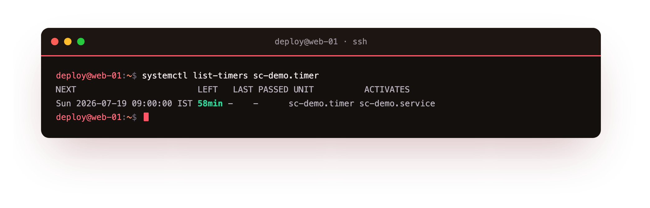 list-timers shows when the timer fires next and which service it activates