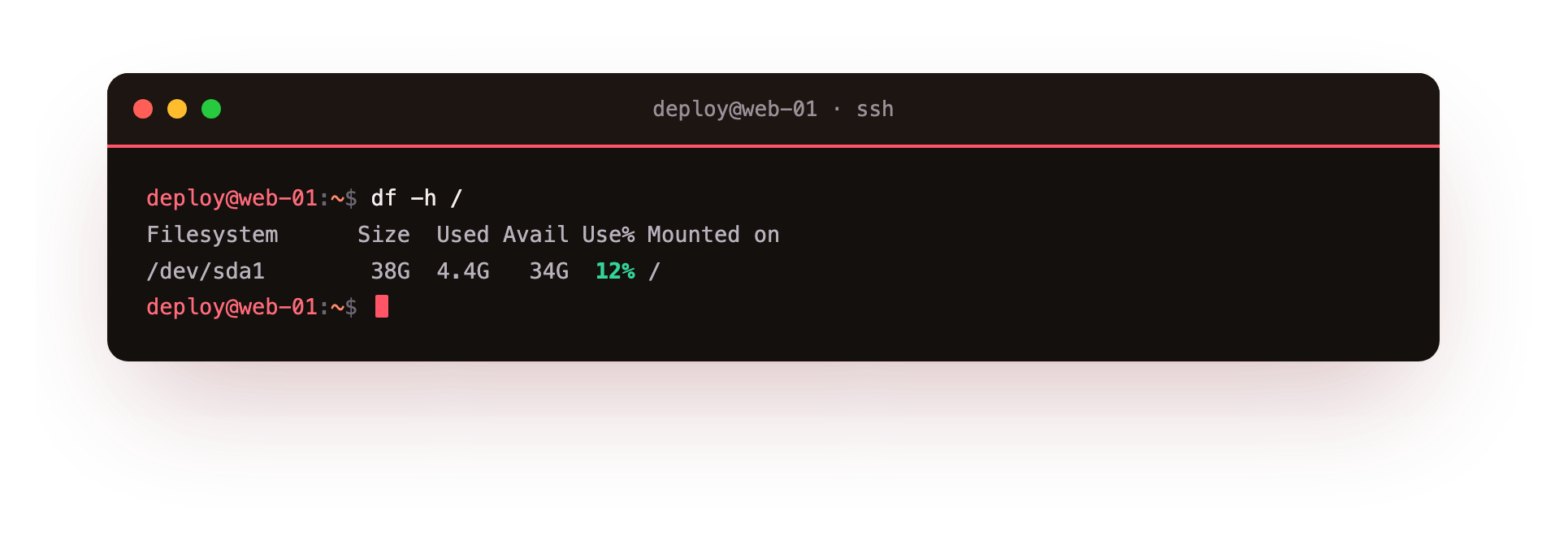 df -h reports how much of the root filesystem is used and how much is free, in human-readable sizes