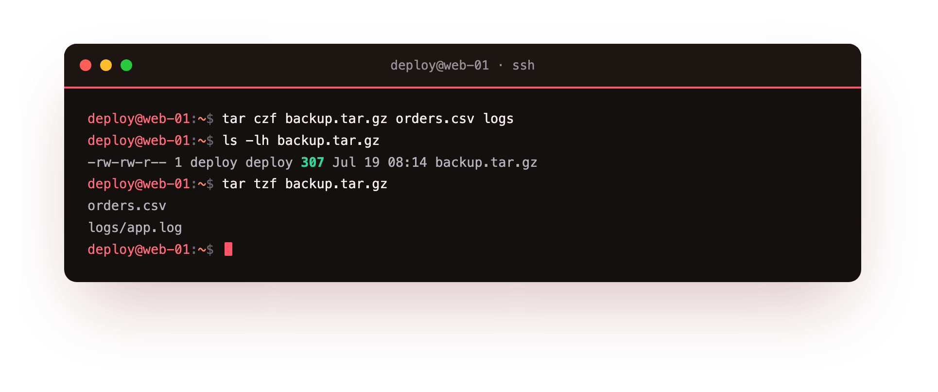 tar czf packs and compresses the files, and tar tzf lists what is inside the archive