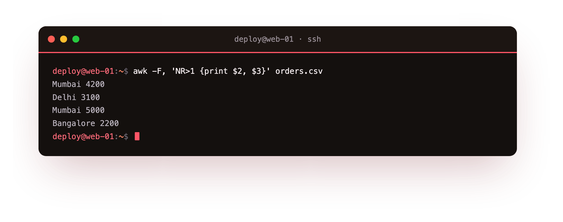 awk splits each CSV line on the comma and prints the region and amount columns, skipping the header row