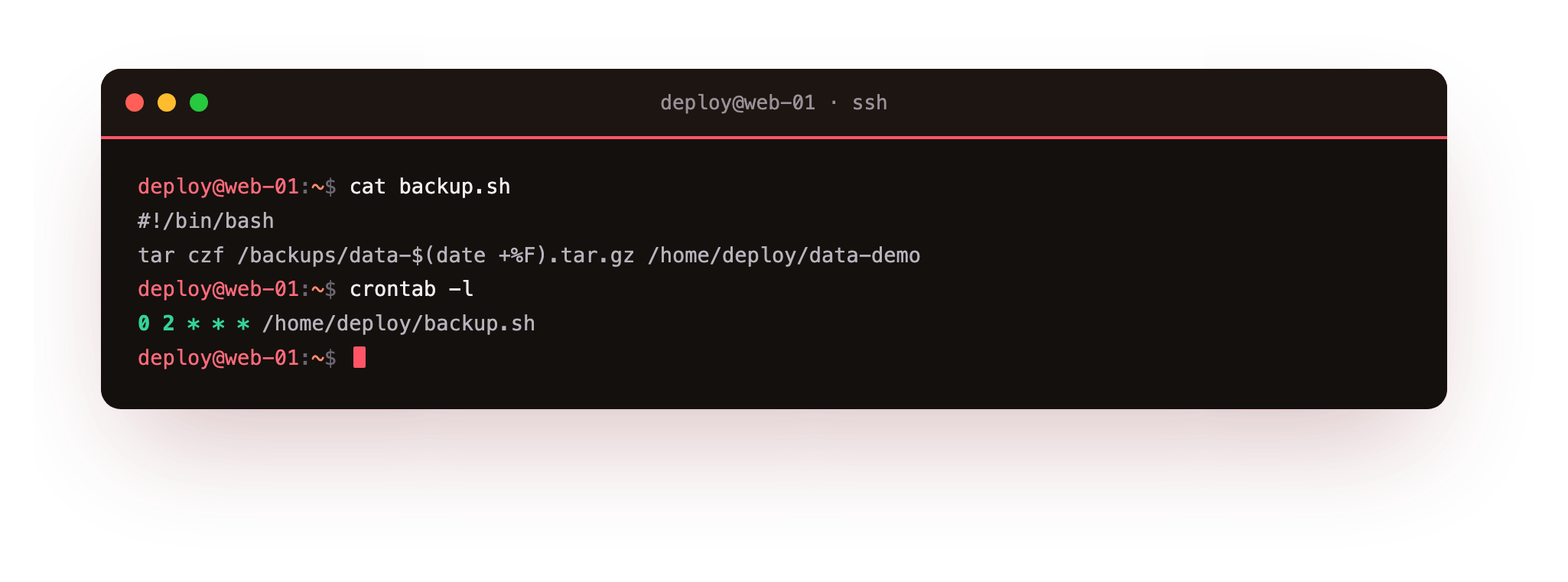 The backup script runs tar with a dated filename, and the cron entry runs it at 2 am every day
