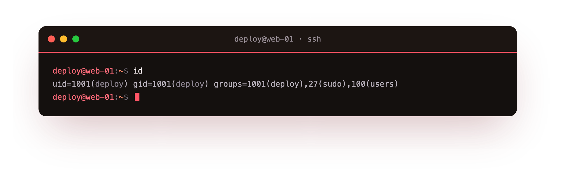 The id command shows the deploy user's numeric UID, GID and group membership