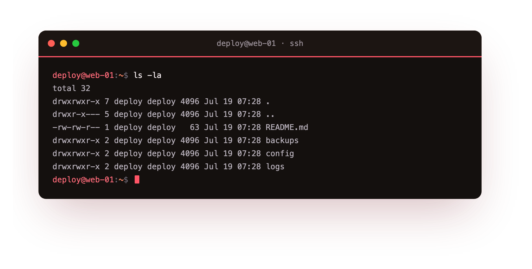 ls -la lists every entry with its permissions, owner, size and modified time