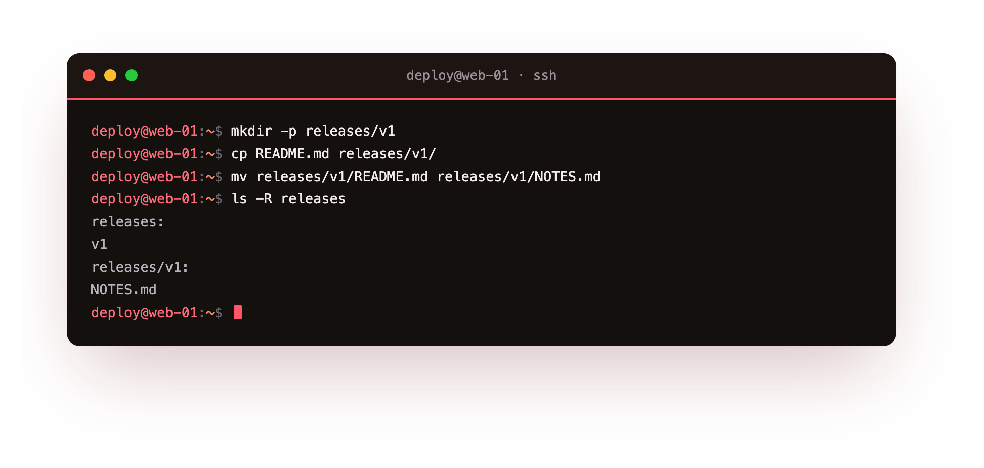 mkdir, cp and mv create a release folder, copy a file into it and rename it
