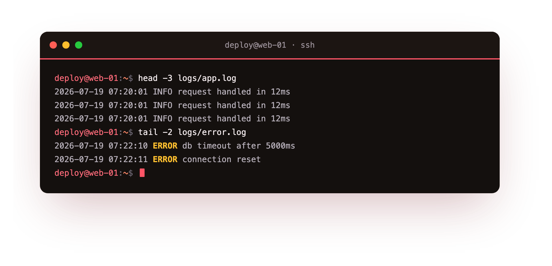 head shows the first lines of a log and tail shows the last, where the errors are