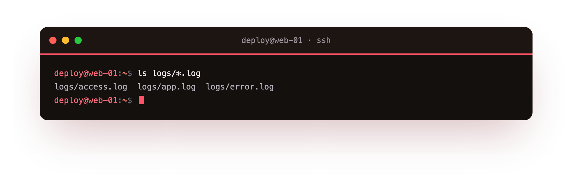The star wildcard expands to every file ending in .log