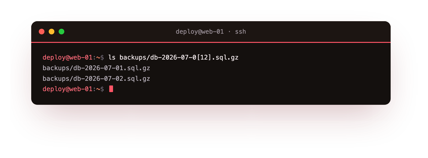 A bracket range matches only backups 01 and 02