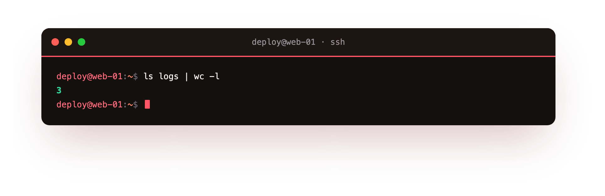 A pipe sends the list of log files straight into wc to count them