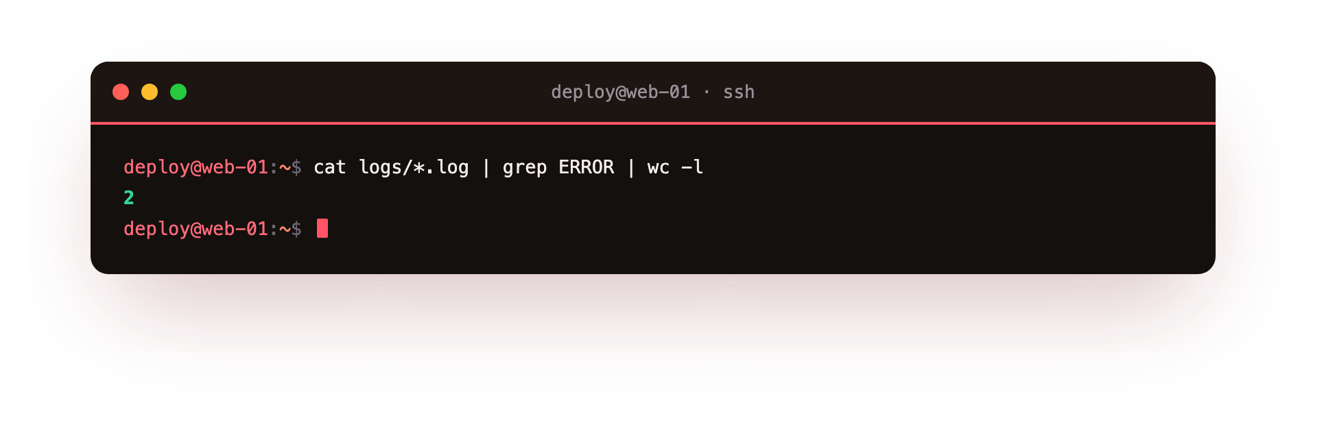 Three commands piped together count how many ERROR lines exist across all logs