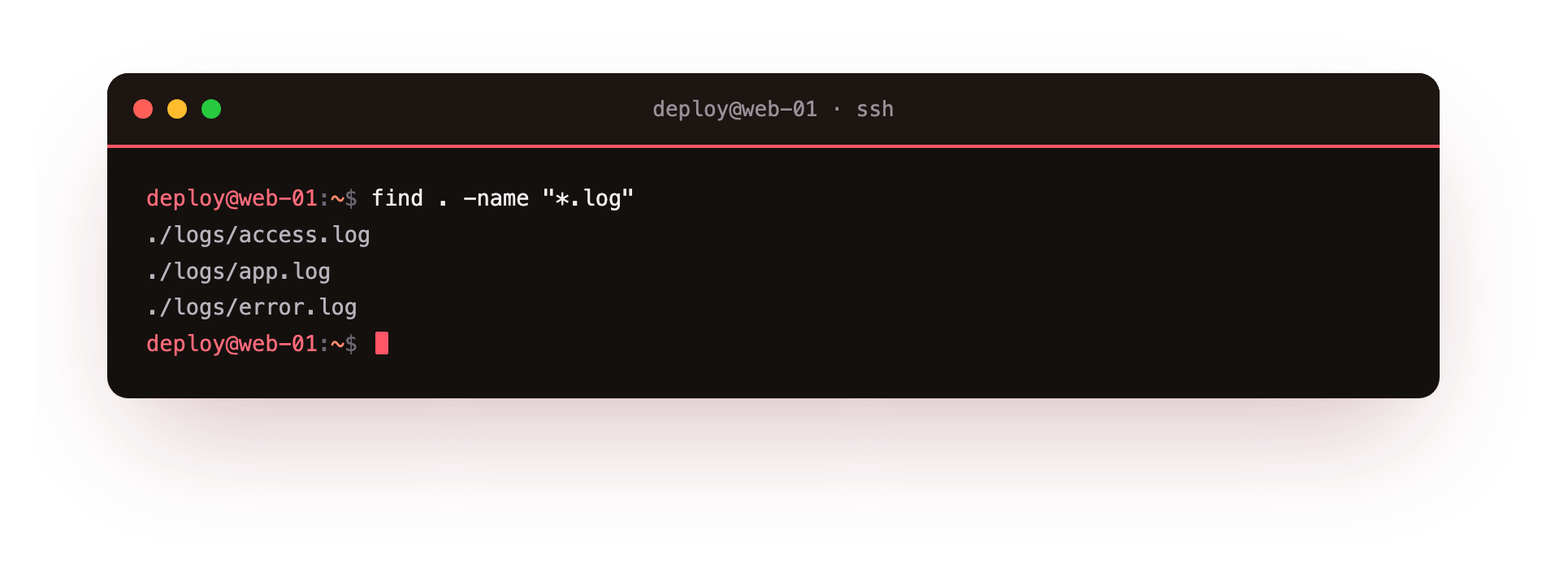 find walks the tree and lists every file whose name ends in .log