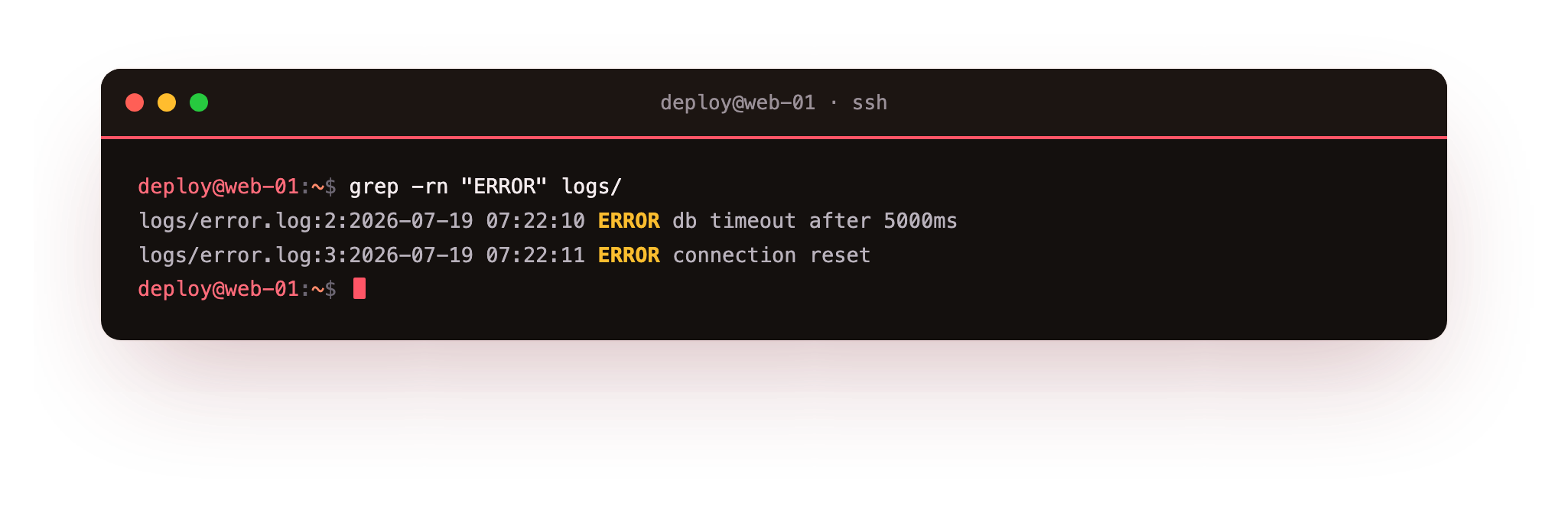 grep -rn searches recursively and prints the file and line number of each ERROR