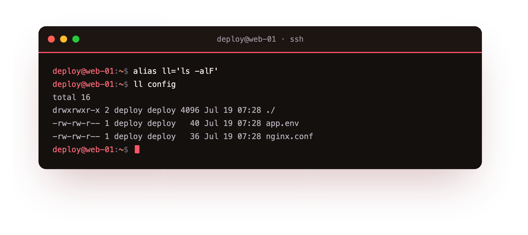 Defining an alias makes ll a shortcut for ls -alF for the rest of the session