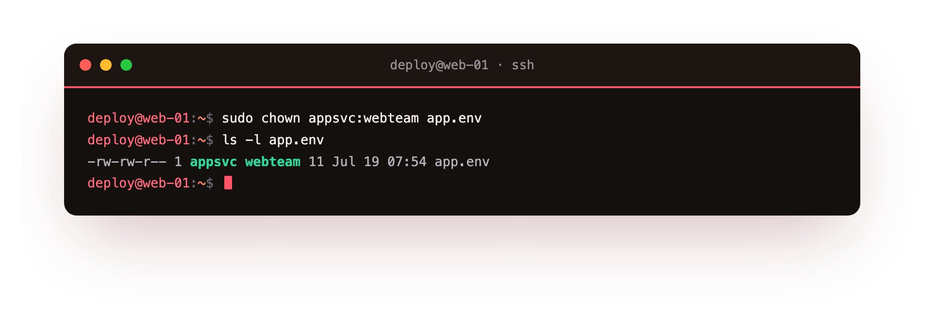 chown hands app.env to the appsvc user and the webteam group in one step