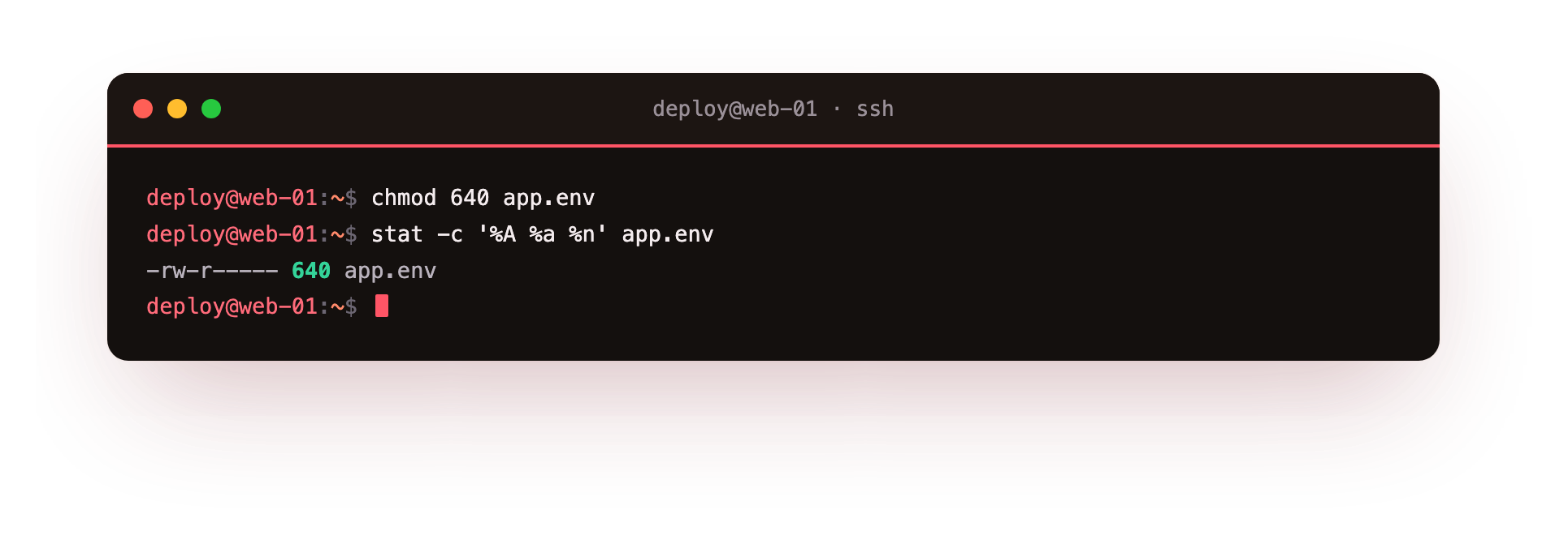 chmod 640 sets owner read and write, group read, and nothing for other