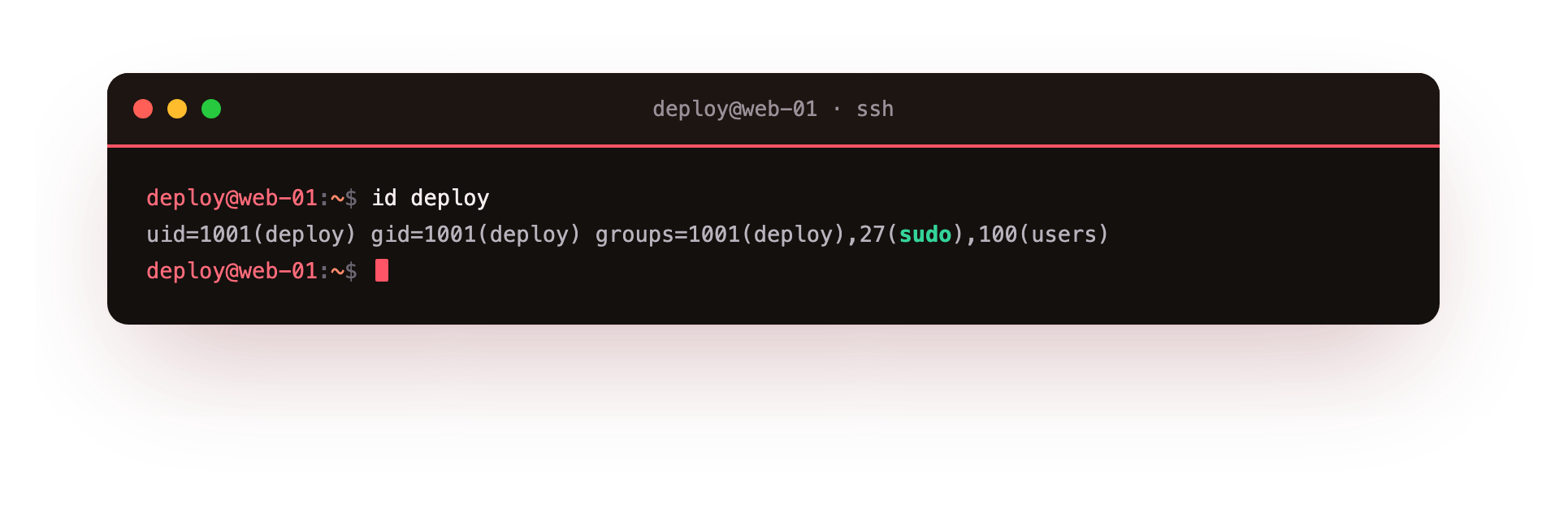 id shows the deploy user is a member of the sudo group, which is what grants sudo access