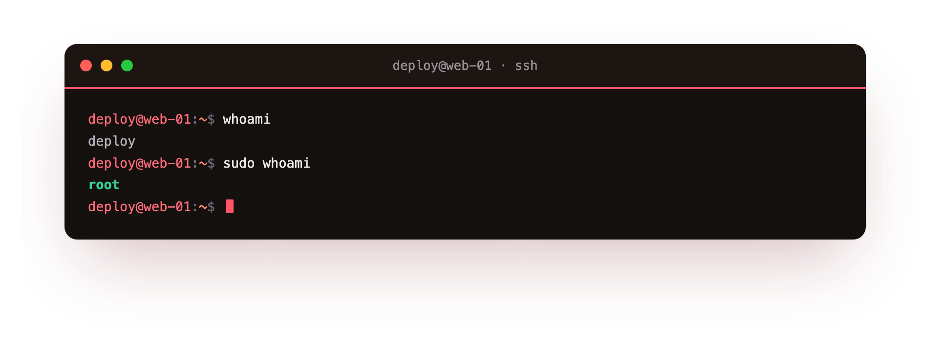 whoami reports deploy, but sudo whoami reports root, proving sudo ran the command as the root account