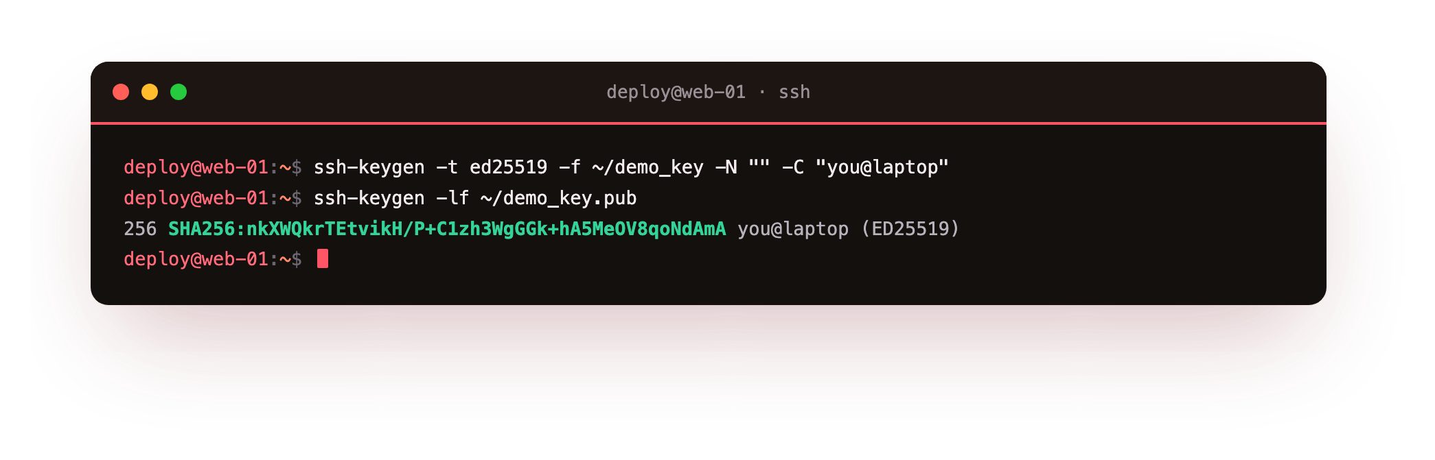 ssh-keygen creates an ed25519 key pair and prints the public key fingerprint