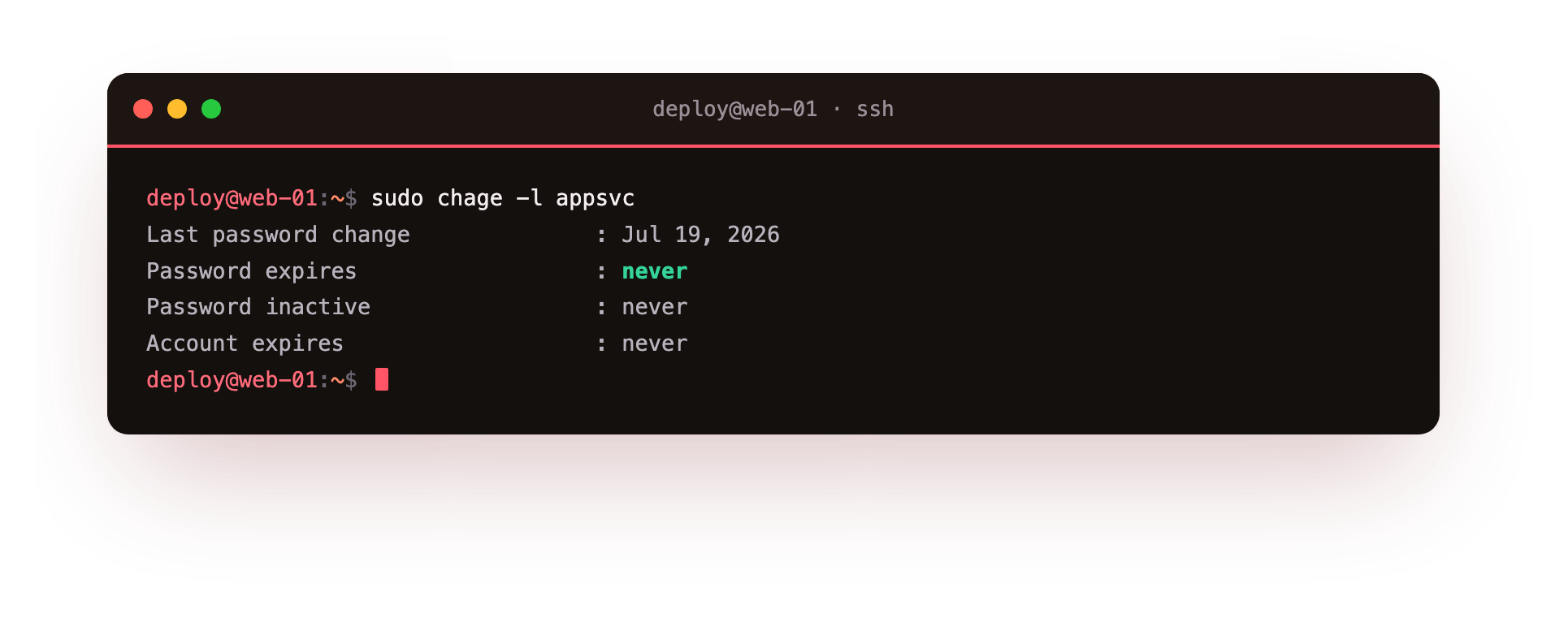 chage -l shows the appsvc account's password ageing: last change, expiry and inactive dates