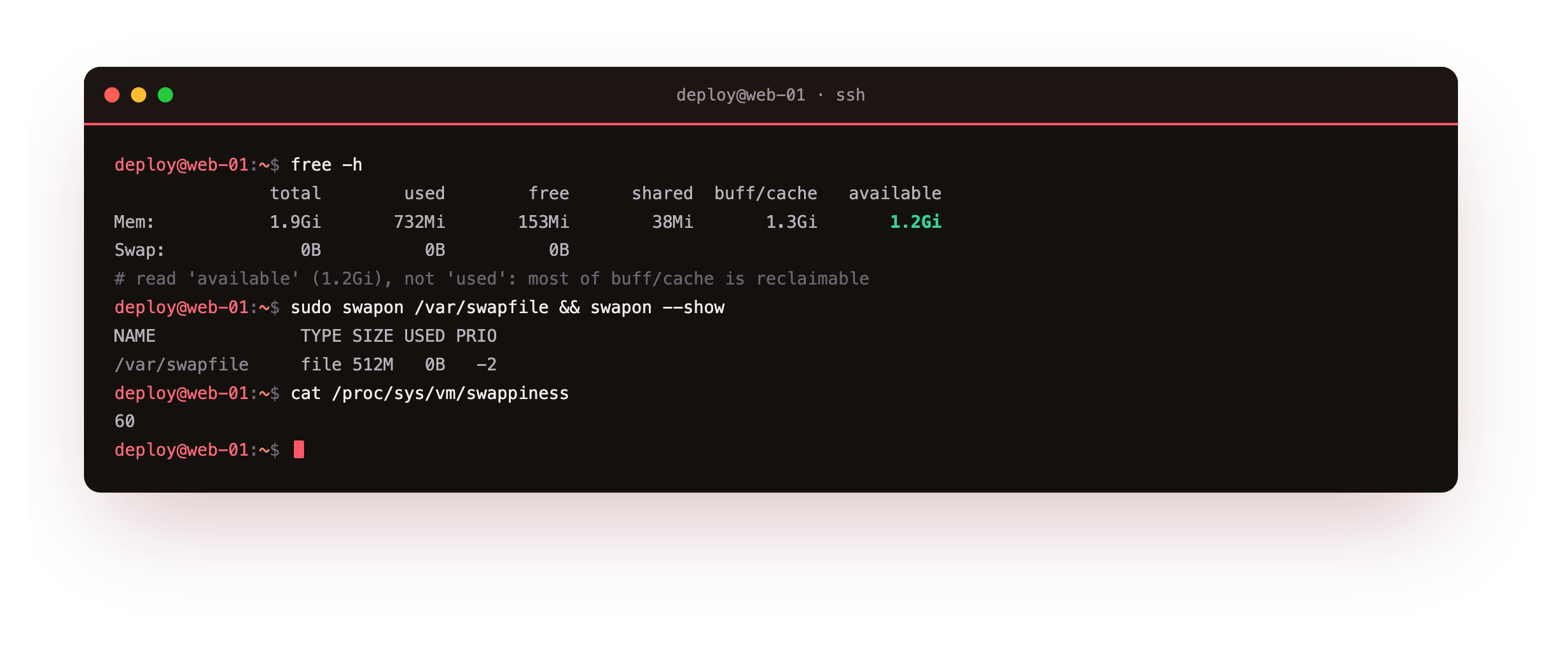 free -h showing 1.9 gigabytes total with only 1.2 gigabytes available once buff/cache is counted, alongside swapon --show listing a newly added 512 megabyte swap file and the vm.swappiness value of 60