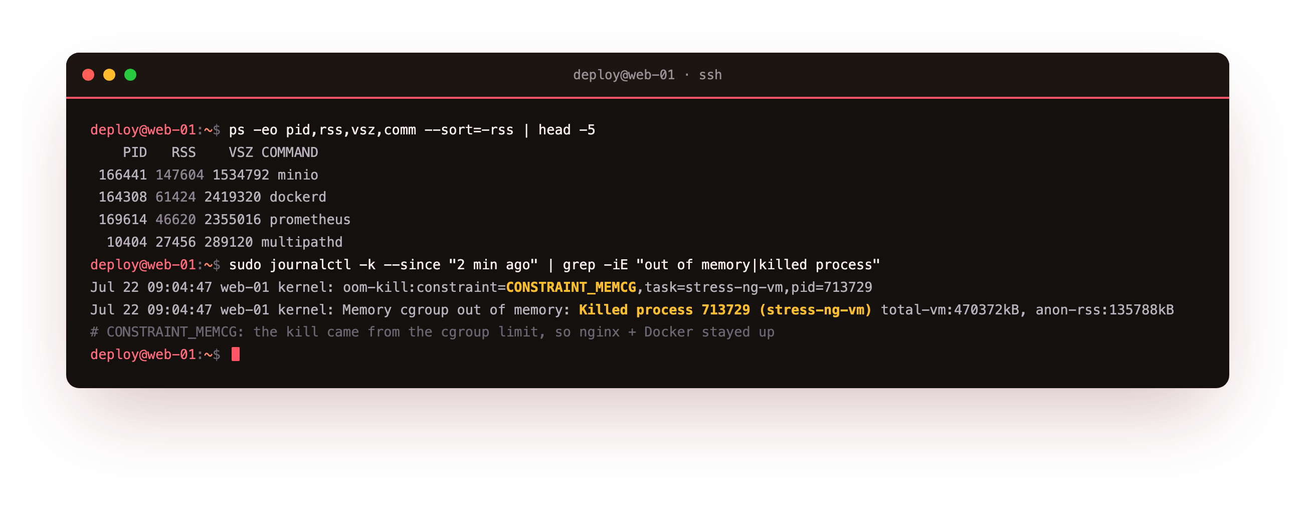 the kernel log read with journalctl showing a memory cgroup out-of-memory event that killed the stress-ng-vm process inside a MemoryMax scope, with the constraint marked CONSTRAINT_MEMCG so the host stayed safe