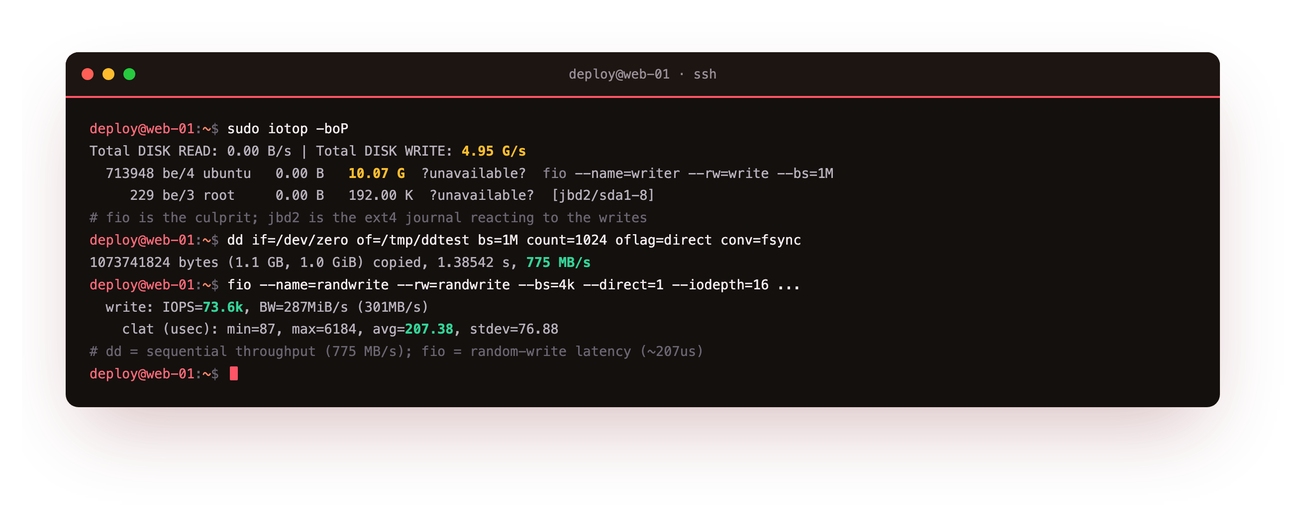 iotop naming the fio process as the disk writer alongside the ext4 jbd2 journal thread, then dd reporting 775 megabytes per second of direct sequential write and fio reporting 73.6 thousand IOPS at about 207 microseconds latency