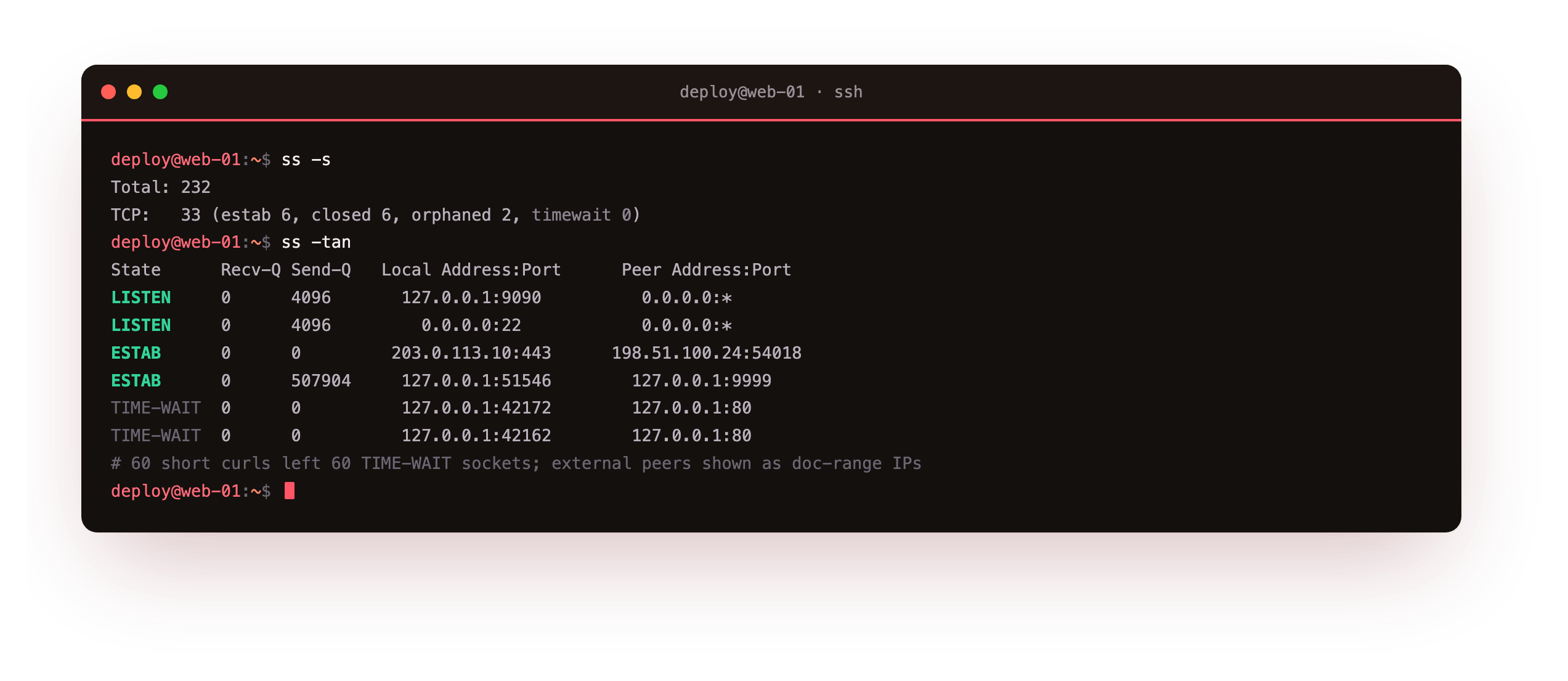 ss summarising sockets by state, then ss -tan listing TCP sockets in the LISTEN, ESTAB and TIME-WAIT states with local and peer addresses, the external addresses shown as documentation-range IPs and the rest on the loopback