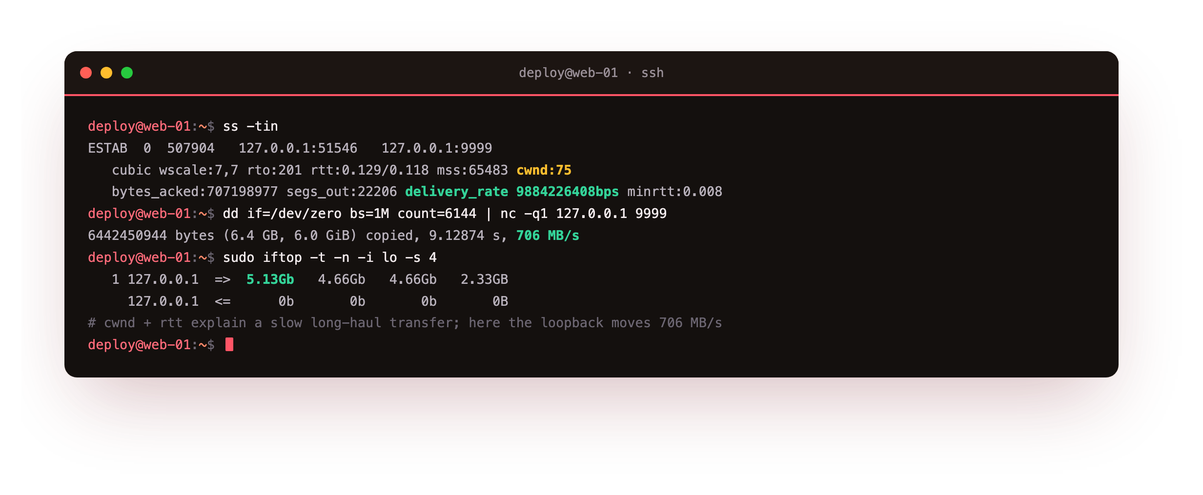 ss -i exposing a single connection's TCP internals with a congestion window of 75, a sub-millisecond round-trip time and a delivery rate near 9.9 gigabits, then a loopback transfer measured at 706 megabytes per second with iftop