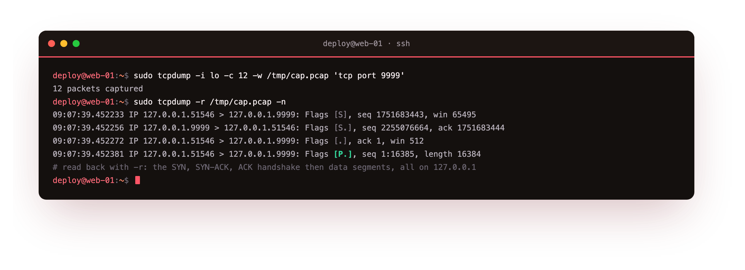 tcpdump reading a saved capture file back with the -r flag, showing the three-packet TCP handshake of SYN, SYN-ACK and ACK followed by data segments, every address on the 127.0.0.1 loopback so nothing real is exposed