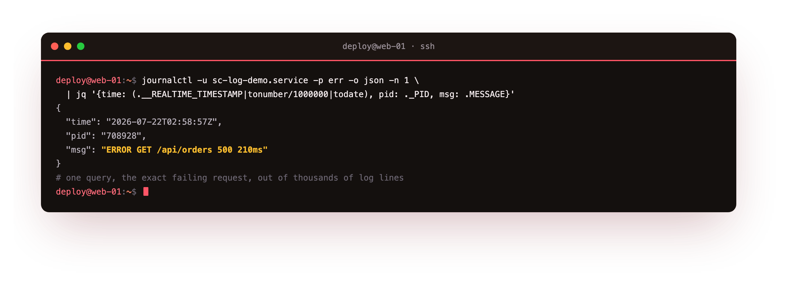 The destination shown before any theory: one journalctl query filtered to error priority and rendered as JSON, piped through jq to return the single failing request out of the noise, with its time, process id and the 500 message
