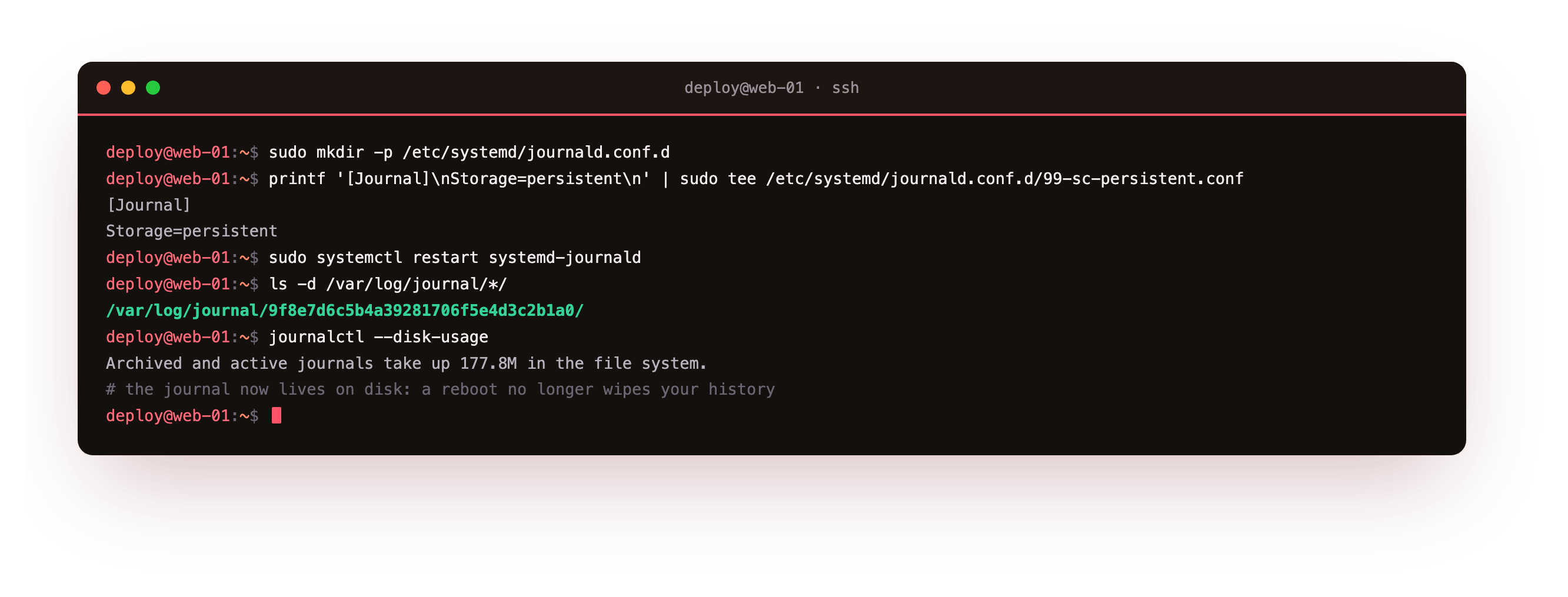 The from-zero first step to control logs: a Storage=persistent drop-in written under journald.conf.d, systemd-journald restarted, then the new /var/log/journal directory and journalctl --disk-usage confirming the journal now survives a reboot