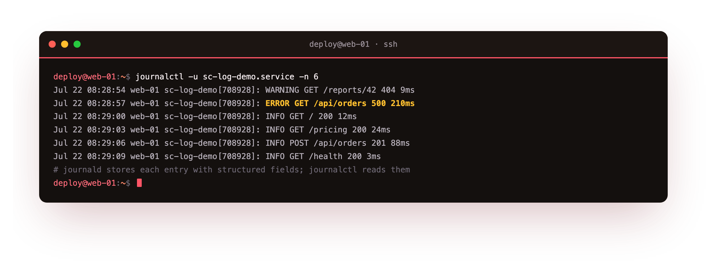 journalctl printing the last six entries of the sc-log-demo service, each with a timestamp, host, unit identifier, process id and message, including one ERROR line from a 500 response