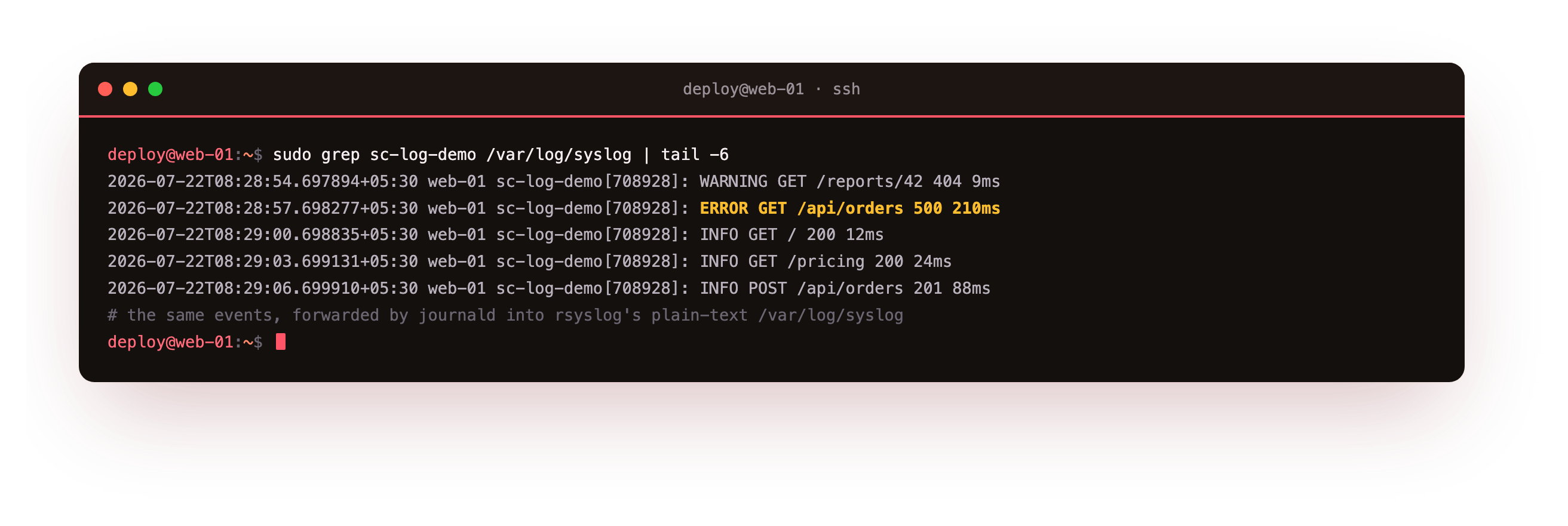 The same sc-log-demo events read from rsyslog's plain-text /var/log/syslog, matching the journal line for line with the same process id, proving journald forwards a copy to rsyslog